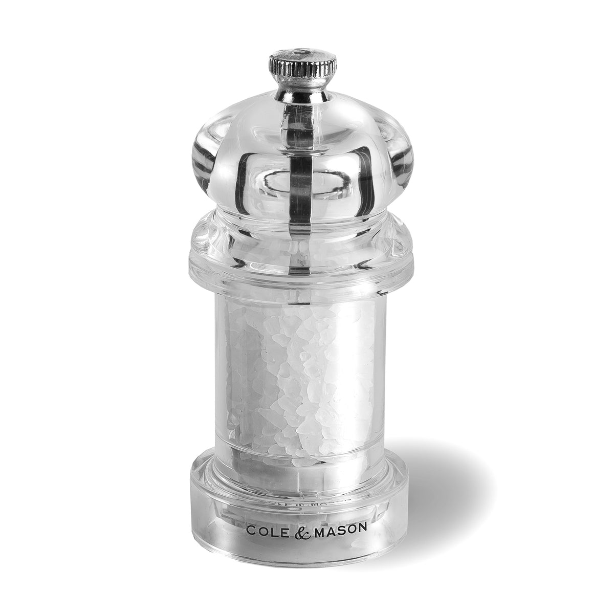 Cole & Mason Acrylmühle 575 salt grinder with clear acrylic body and adjustable grinding mechanism for fresh salt.