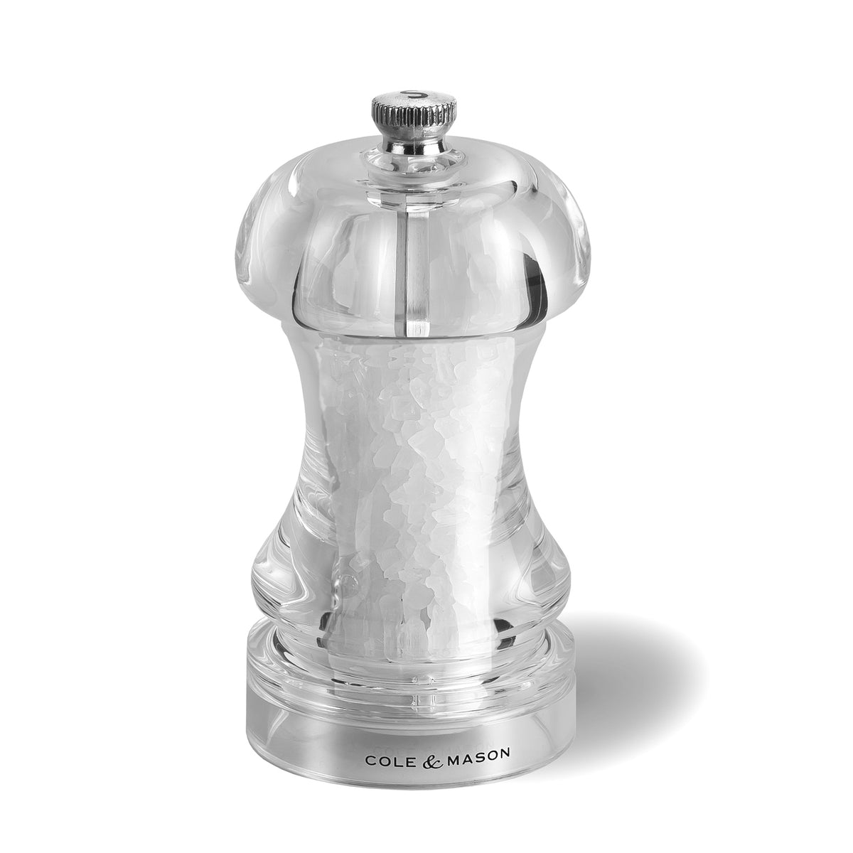 Cole & Mason Acryl-Edelstahl-Mühle CAPSTAN salt grinder with clear acrylic body and stainless steel accents, showing the grinding mechanism.