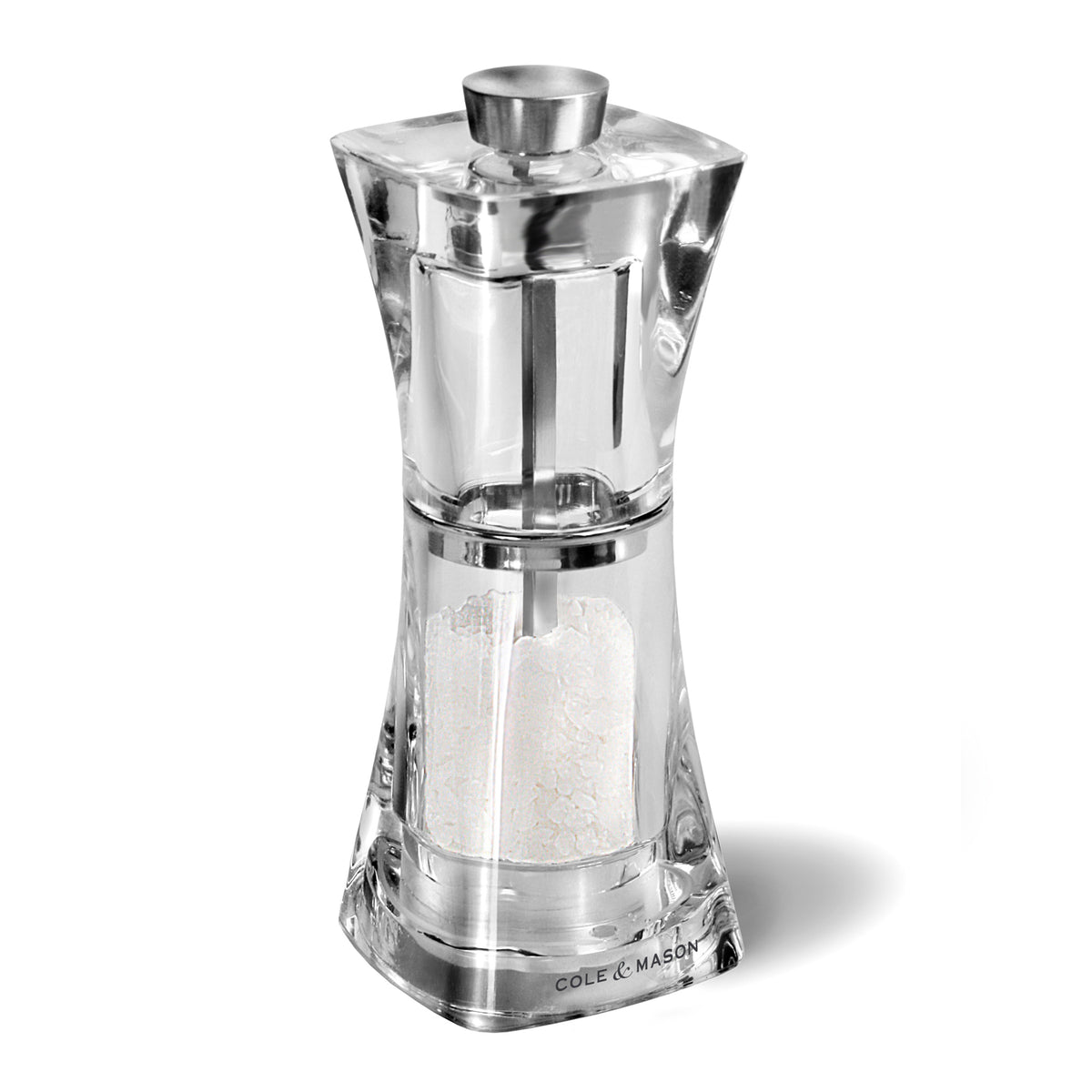 Cole & Mason Acryl-Edelstahl-Mühle CRYSTAL salt mill with clear acrylic and stainless steel design, showing the adjustable grinding mechanism.