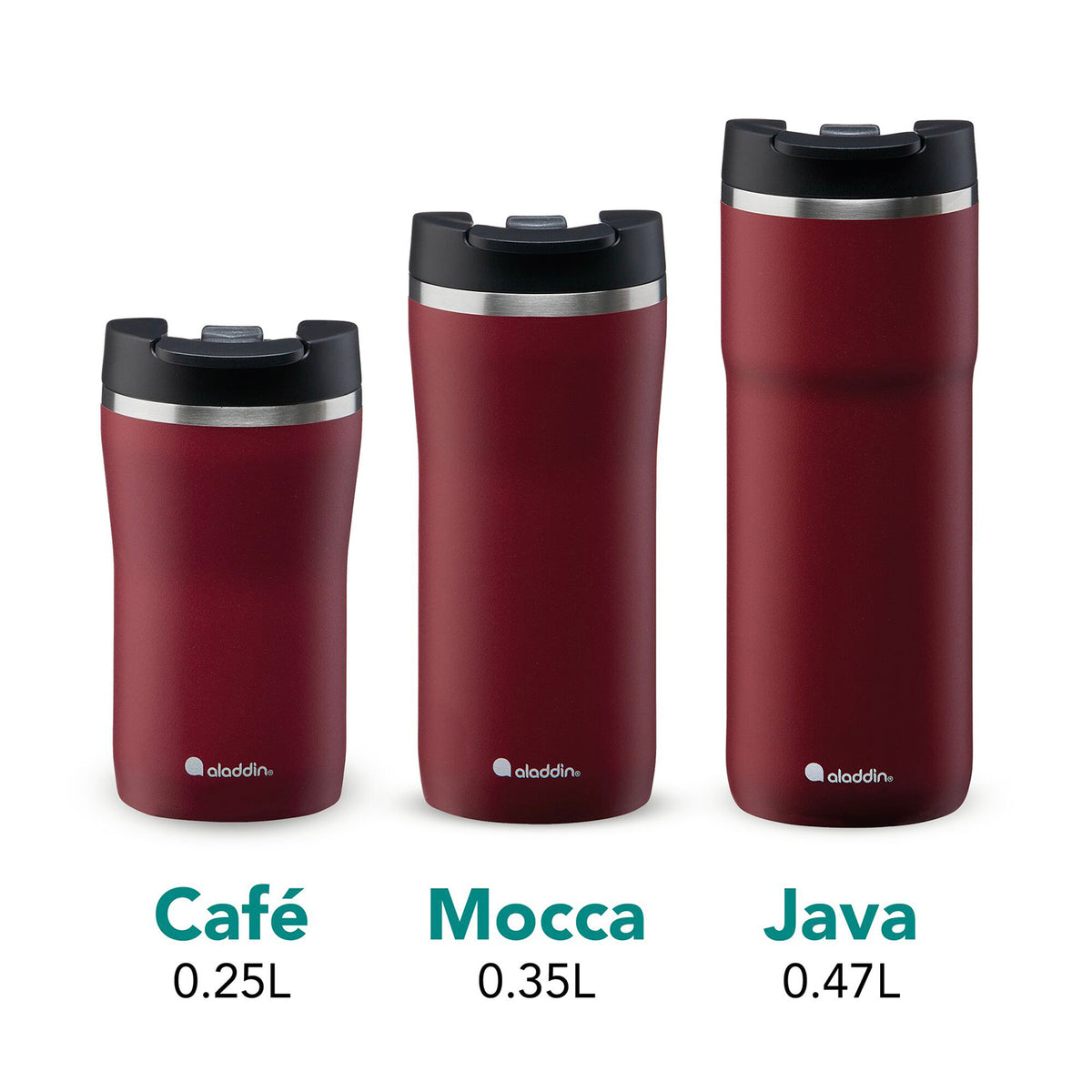 Aladdin Barista Thermobecher in burgundy, available in three sizes, featuring a sleek insulated design for hot and cold drinks.