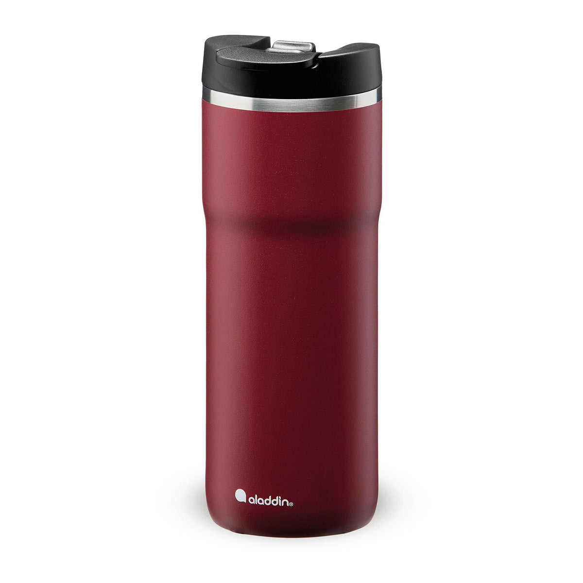 Aladdin Barista Thermobecher in burgundy, shown in three sizes, with stainless steel exterior and spill-proof lid.