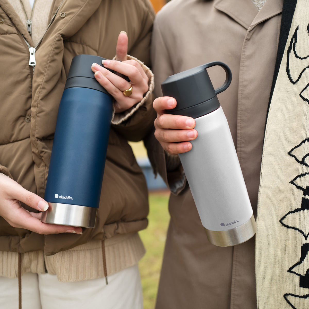 Aladdin CityPark thermos in five colors, 1.1-liter capacity, with a sleek stainless steel body and secure lid, perfect for hot or cold drinks.