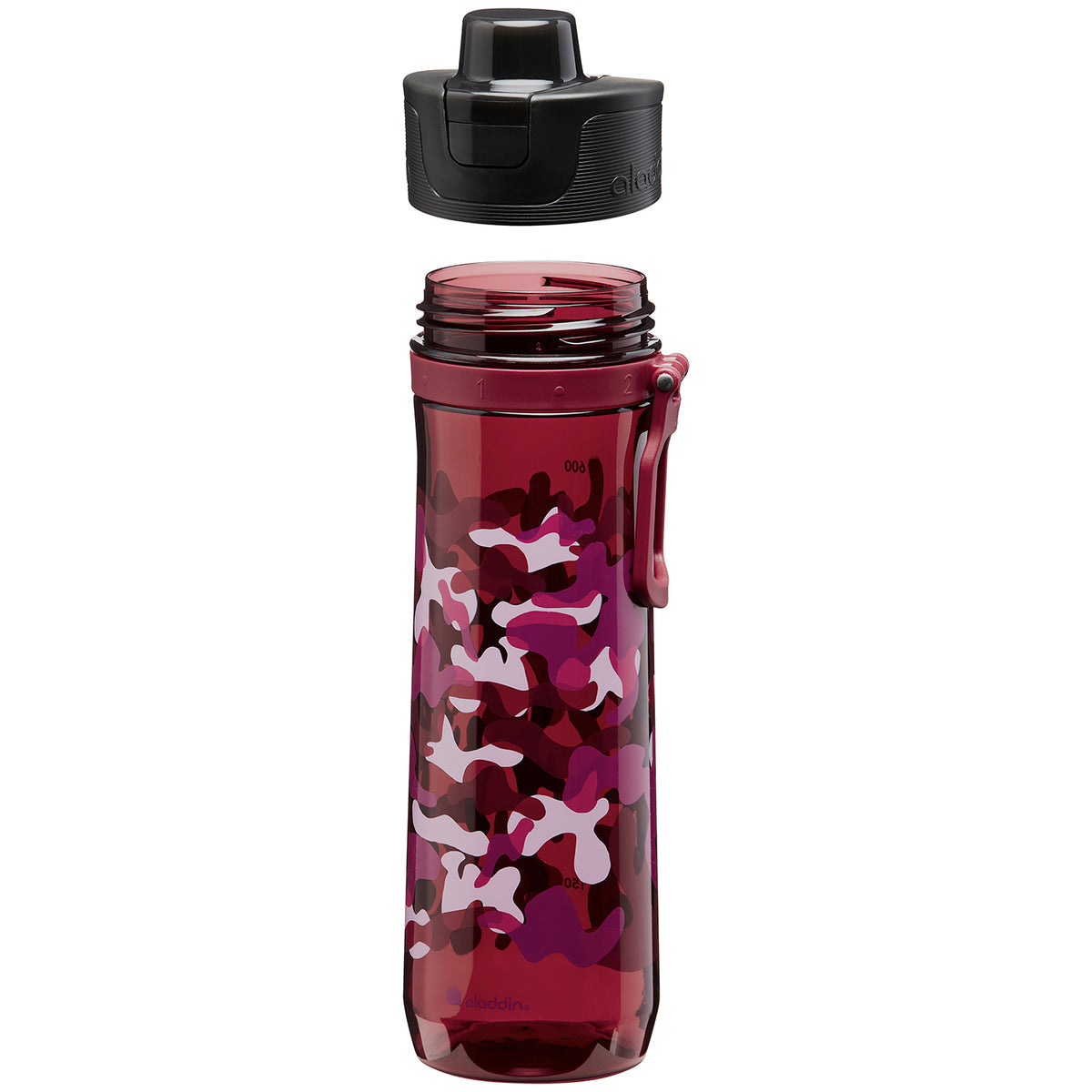 Aladdin 800ml Wasserflasche Sports Tracker in four colors, featuring a sleek design and a secure screw-on lid for active hydration.