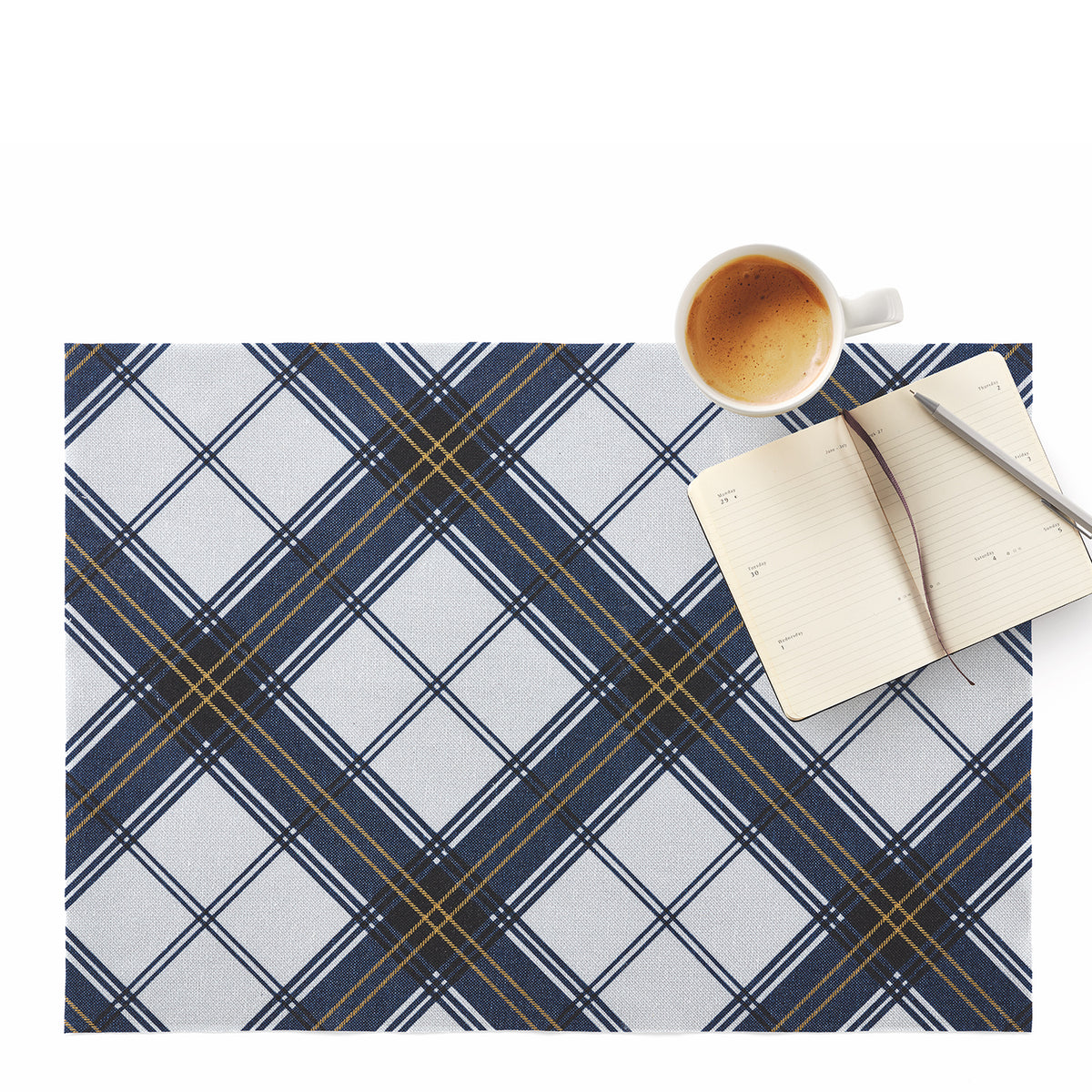 Blue tartan table mat set with lotus effect, DAY DRAP 2-piece tartan tablecloth set, stylish and protective for dining tables.