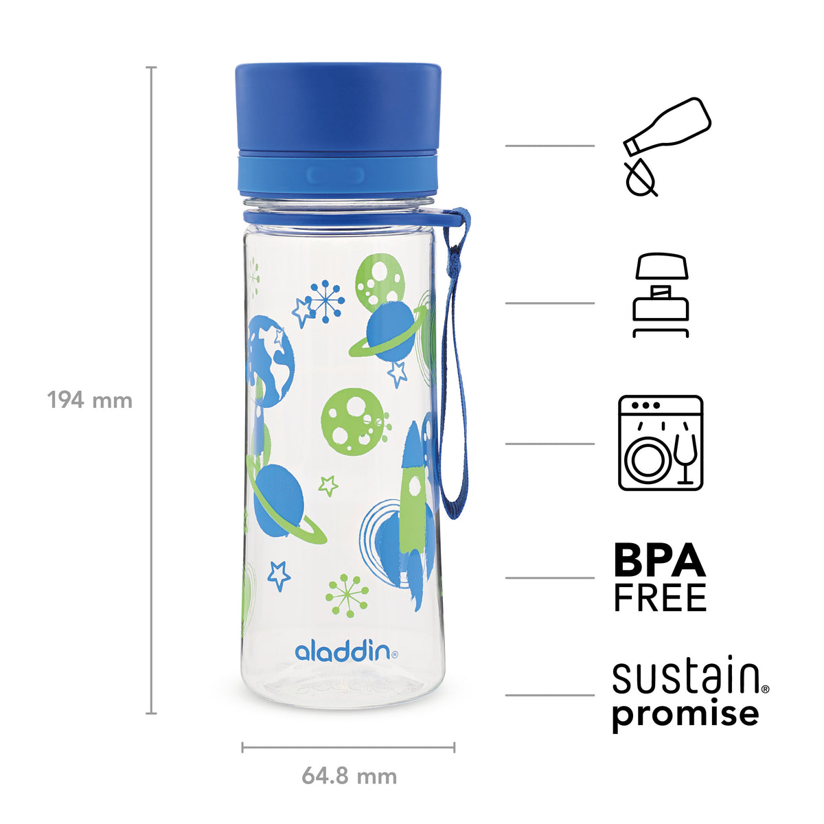 Aladdin AVEO kids' water bottle, 350ml, featuring space-themed designs for children, with a secure screw-top lid.