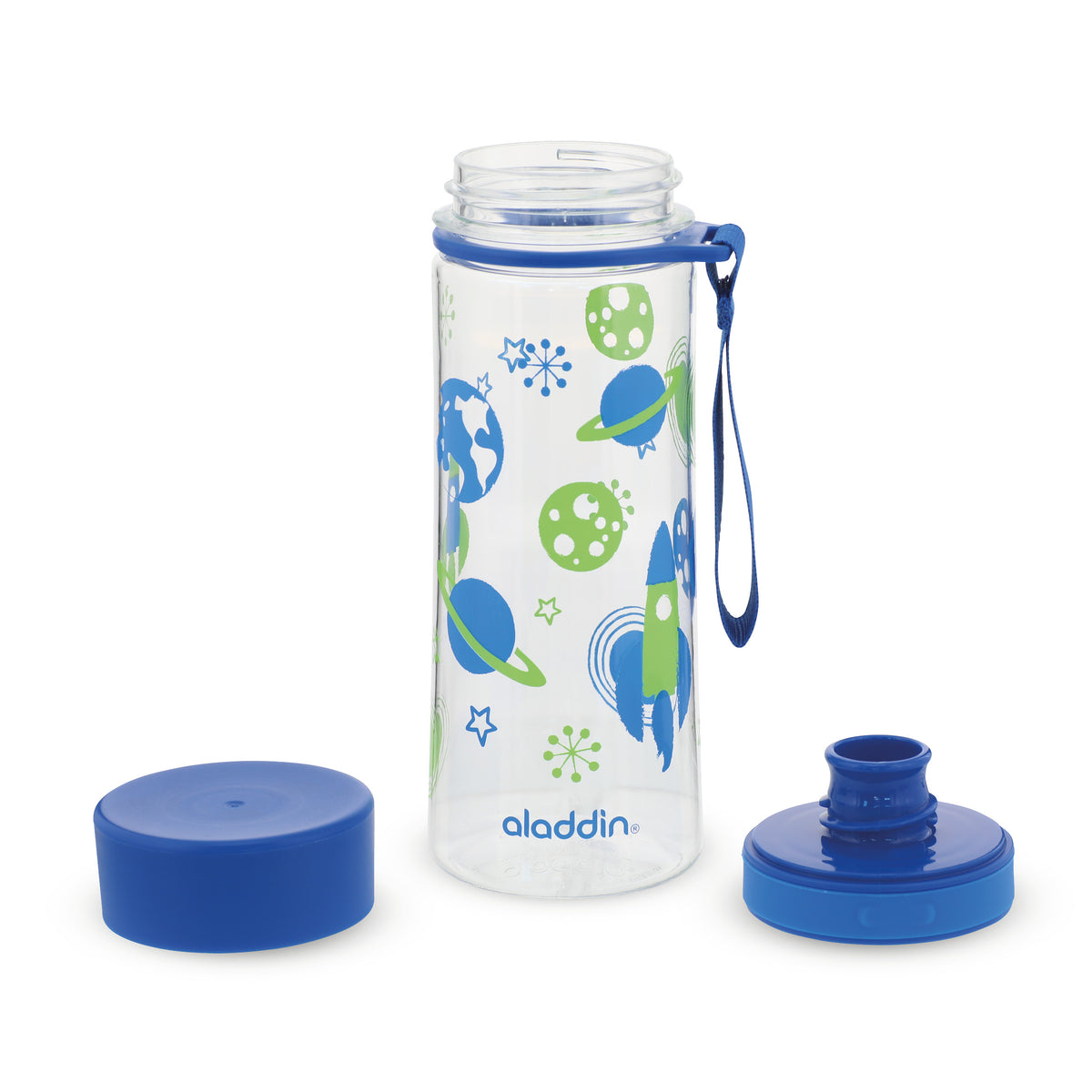 Aladdin AVEO kids' water bottle, 350ml, featuring space-themed designs and a secure lid, ideal for children.