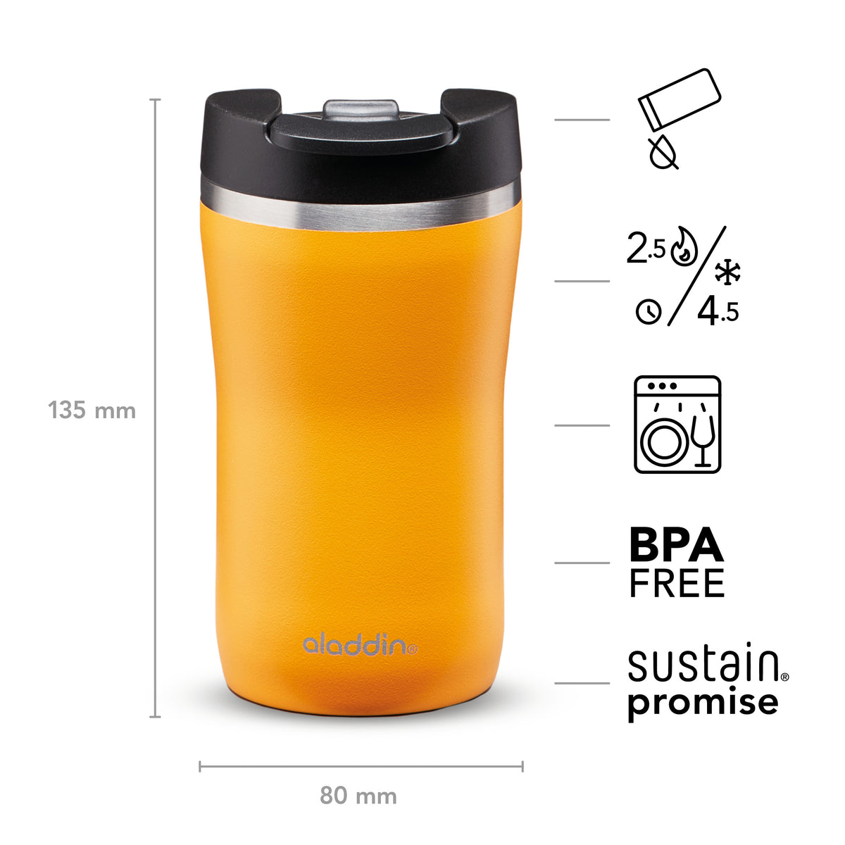 Aladdin Sun Yellow Barista Thermobecher in stainless steel, available in three sizes, with leak-proof lid and sleek design.