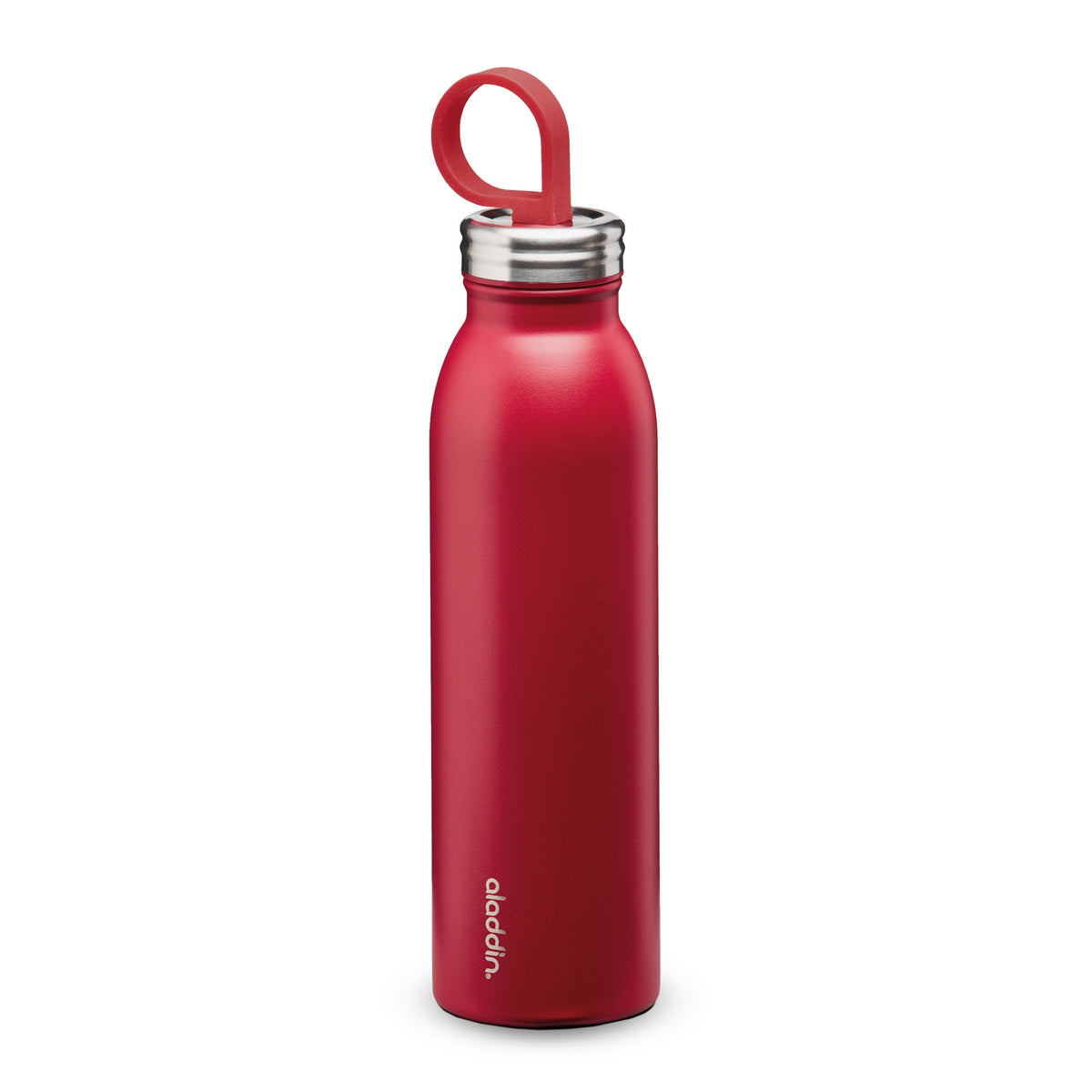 Aladdin 550ml cherry-red stainless steel chilled thermavac bottle with a sleek design and secure lid for hot or cold drinks.