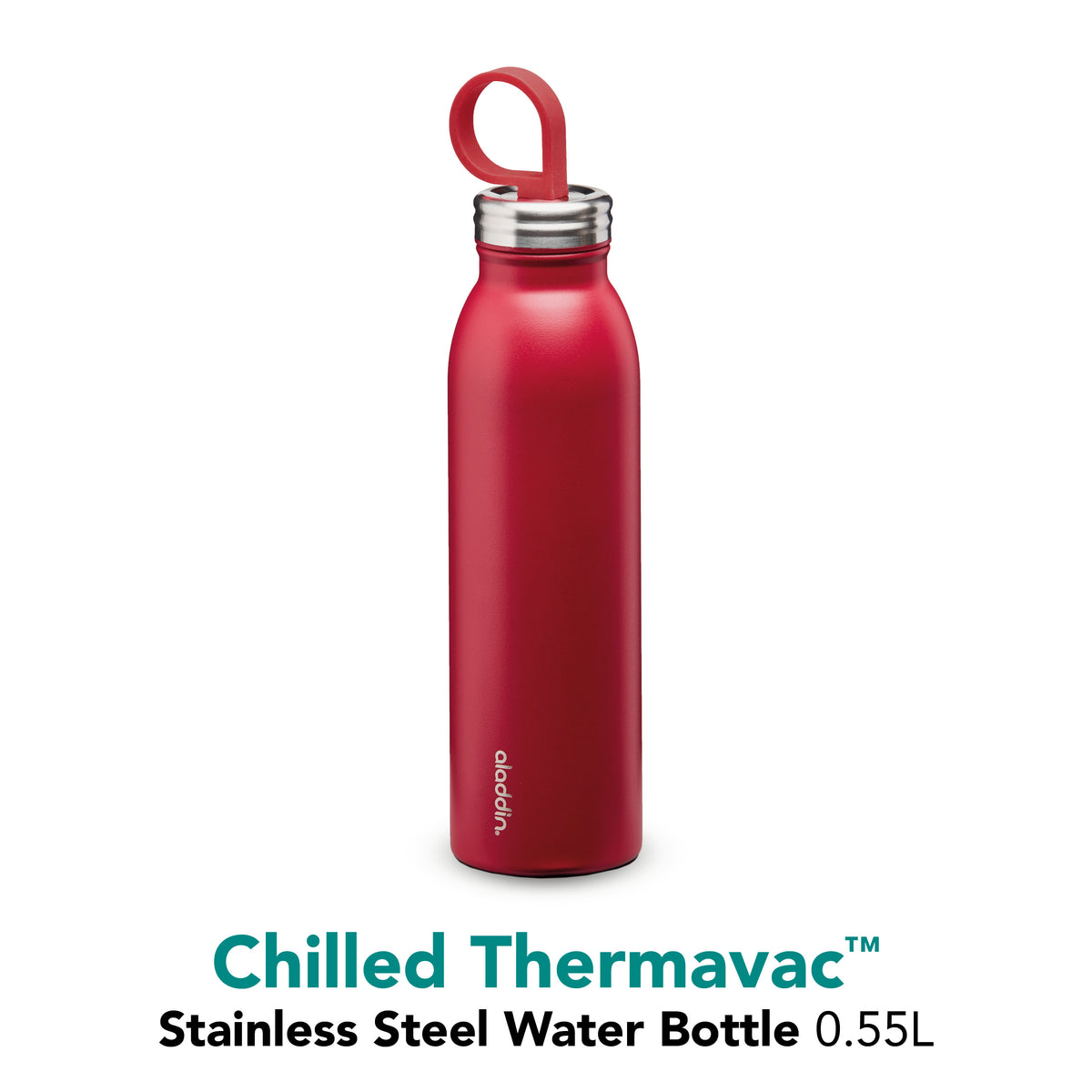 Aladdin 550ml cherry red stainless steel chilled thermavac water bottle with insulated design and secure cap.