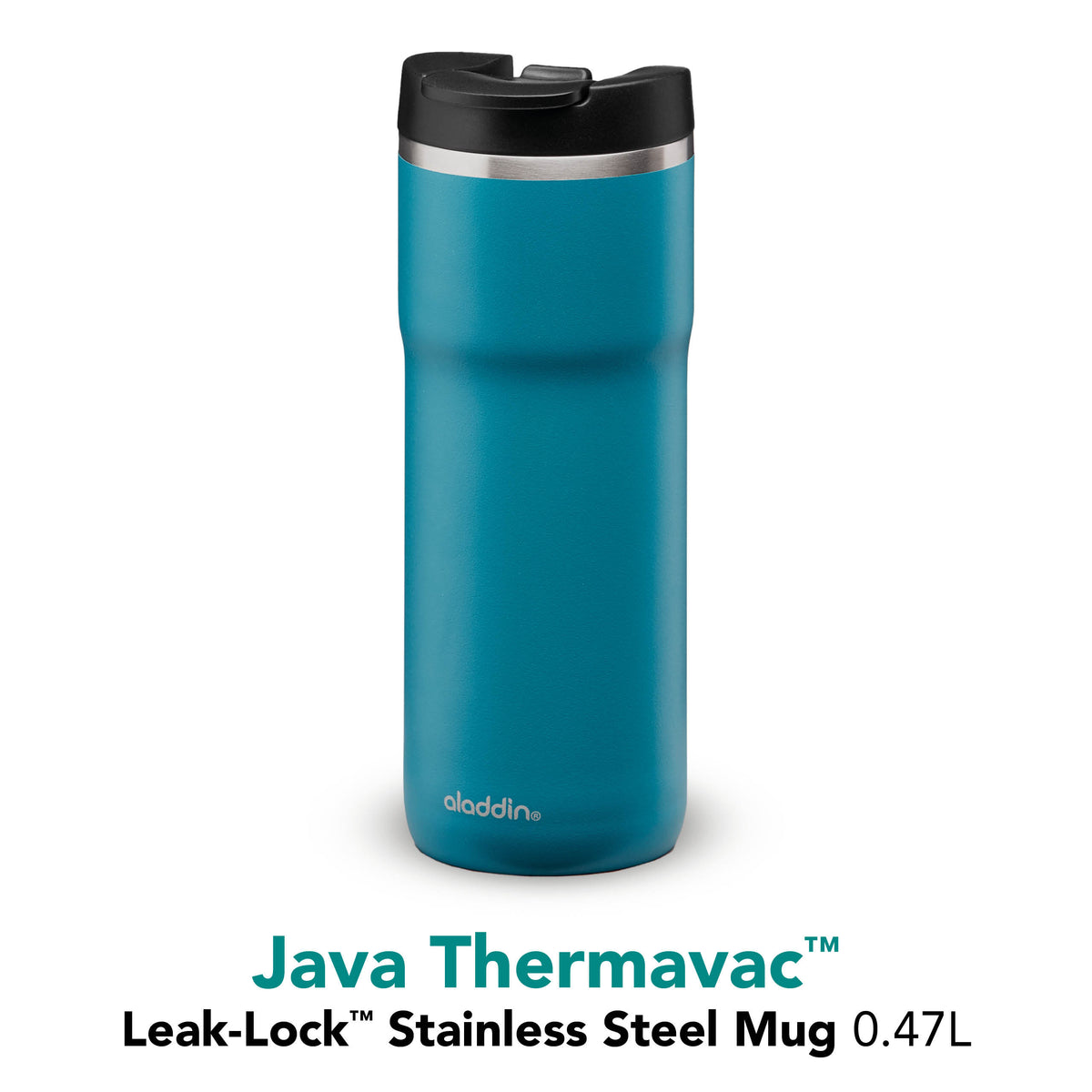 Aladdin Barista Thermobecher in petrol blue, leak-proof stainless steel mug in 0.47L size with aqua blue interior.