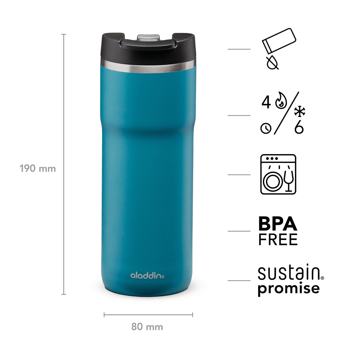 Aladdin Barista Thermobecher in petrol-blue, stainless steel, leak-proof, with a 0.47L capacity, shown in aqua blue color.