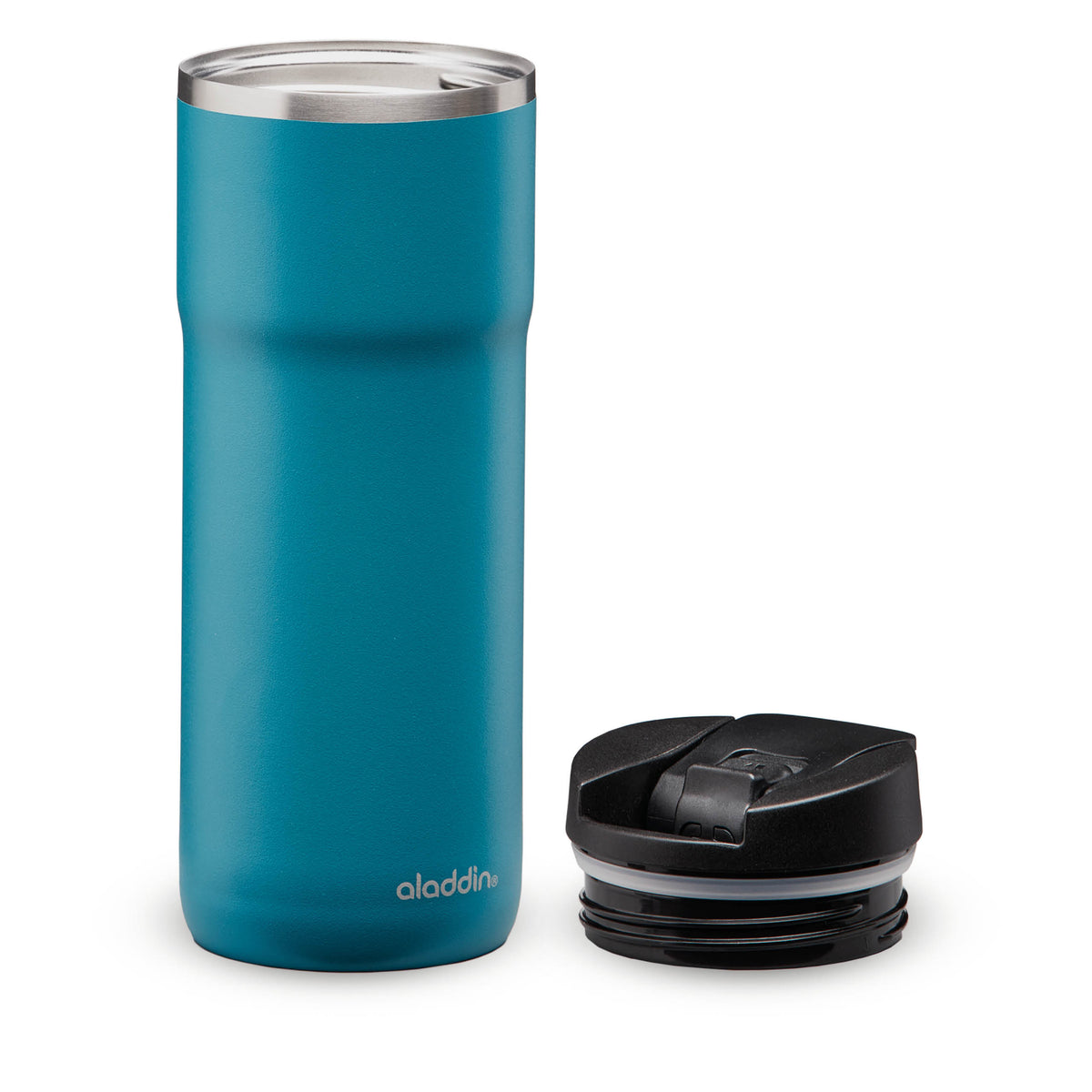Aladdin Barista Thermobecher in petrol blue, stainless steel, leak-proof lid, shown in aqua blue with a 0.47L capacity.