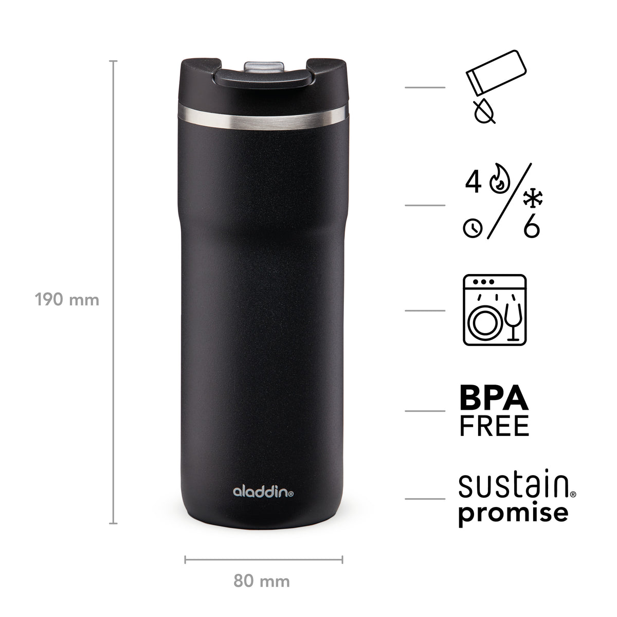 Aladdin Lava-Schwarz Barista Thermobecher in 0.47L stainless steel with leak-lock lid, available in three sizes.