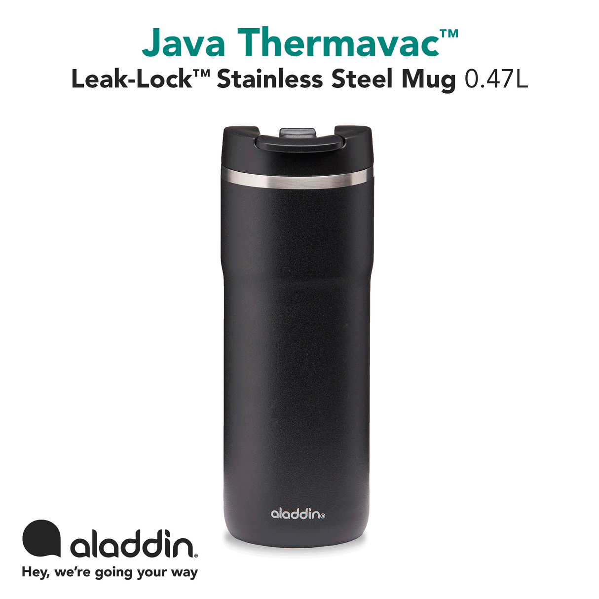 Aladdin Lava-Black stainless steel thermobecher in 0.47L with leak-proof lid, ideal for hot beverages on the go.