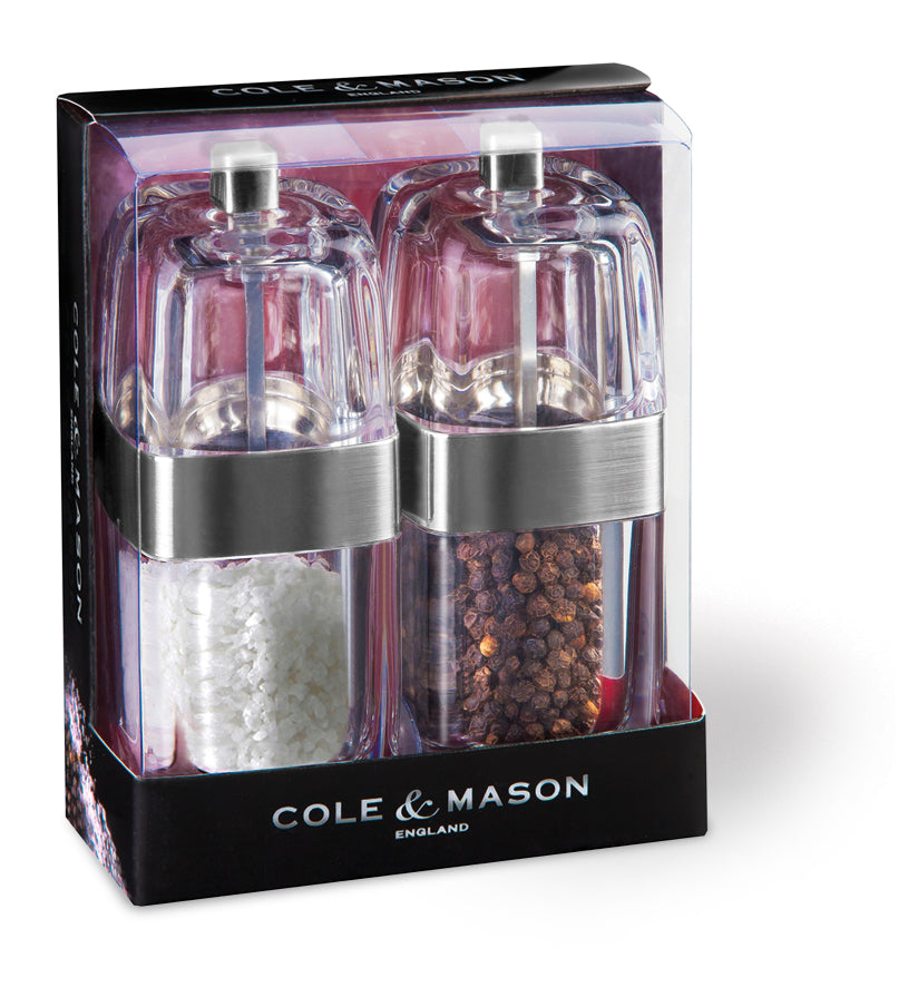 Cole & Mason Acryl-Edelstahl-Mühle SEVILLE salt and pepper grinder set, 14 cm, sleek design with transparent acrylic and stainless steel accents.