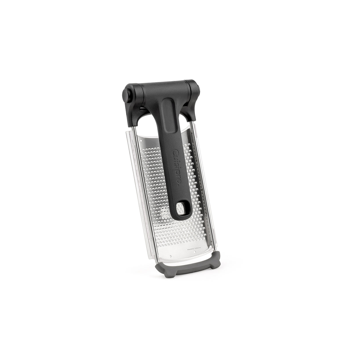 CUISIPRO foldable fine stainless steel grater, 23.5 cm, showing its compact design and sharp grating surface for efficient use.