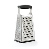 CUISIPRO 5-in-1 stainless steel kitchen grater showing multiple grating surfaces and a handle for versatile food prep.