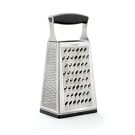 CUISIPRO 5-in-1 stainless steel kitchen grater showing multiple grating surfaces and a handle for versatile food prep.