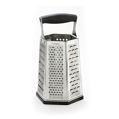 CUISIPRO 7-in-1 stainless steel kitchen grater with multiple blades for zesting, slicing, and grating vegetables or cheese.
