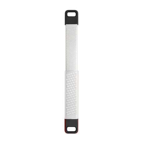 CUISIPRO dual stainless steel kitchen grater with coarse and fine sides for versatile food preparation.