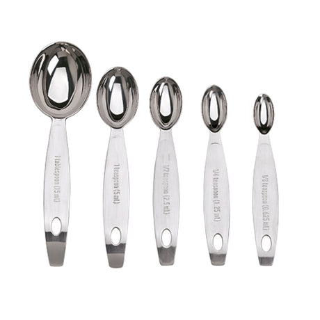 CUISIPRO 5-piece set of silver measuring spoons with 0.625 and 1.25 ml capacities, designed for precise cooking and baking.