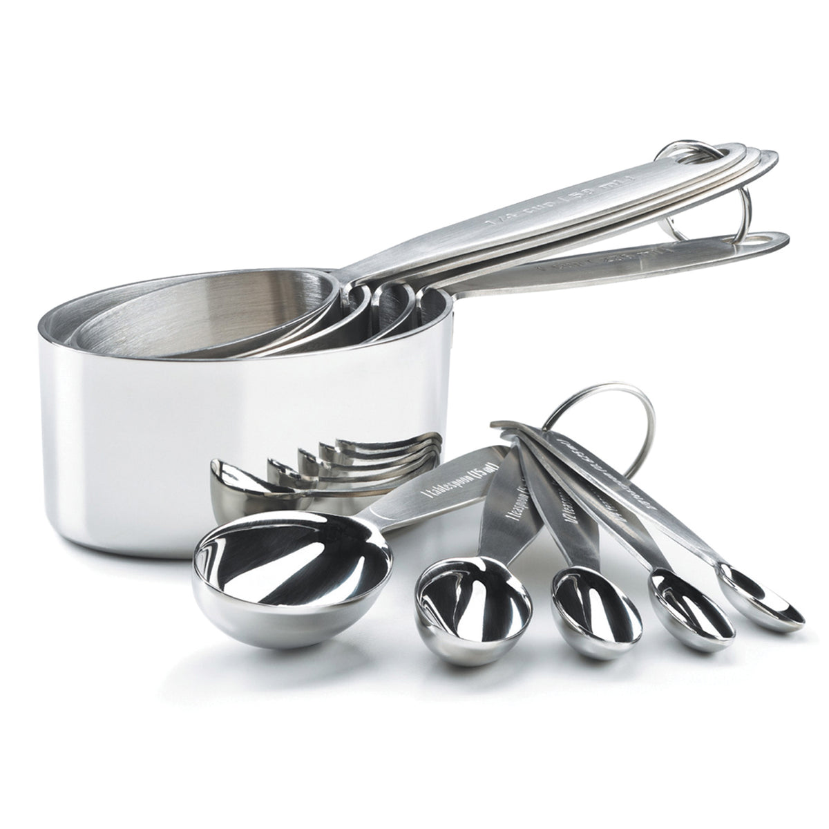 CUISIPRO 5-piece set of silver measuring spoons with 0.625 and 1.25 capacity, used for precise cooking and baking.