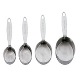 CUISIPRO 4-piece set of silver measuring cups with clear markings for accurate liquid and dry ingredient measurement.