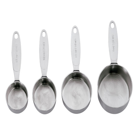 CUISIPRO 4-piece set of silver measuring cups with clear markings for accurate liquid and dry ingredient measurement.