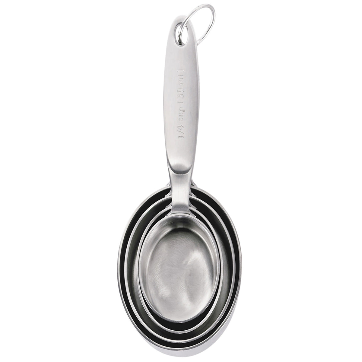 CUISIPRO stainless steel measuring cups set with four graduated beakers, silver color, for accurate kitchen measurements.