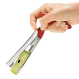 Red CUISIPRO apple core remover tool with ergonomic handle and stainless steel blade for easy apple core extraction.
