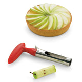 Red CUISIPRO apple core remover with a handle for easy apple core removal and slicing.
