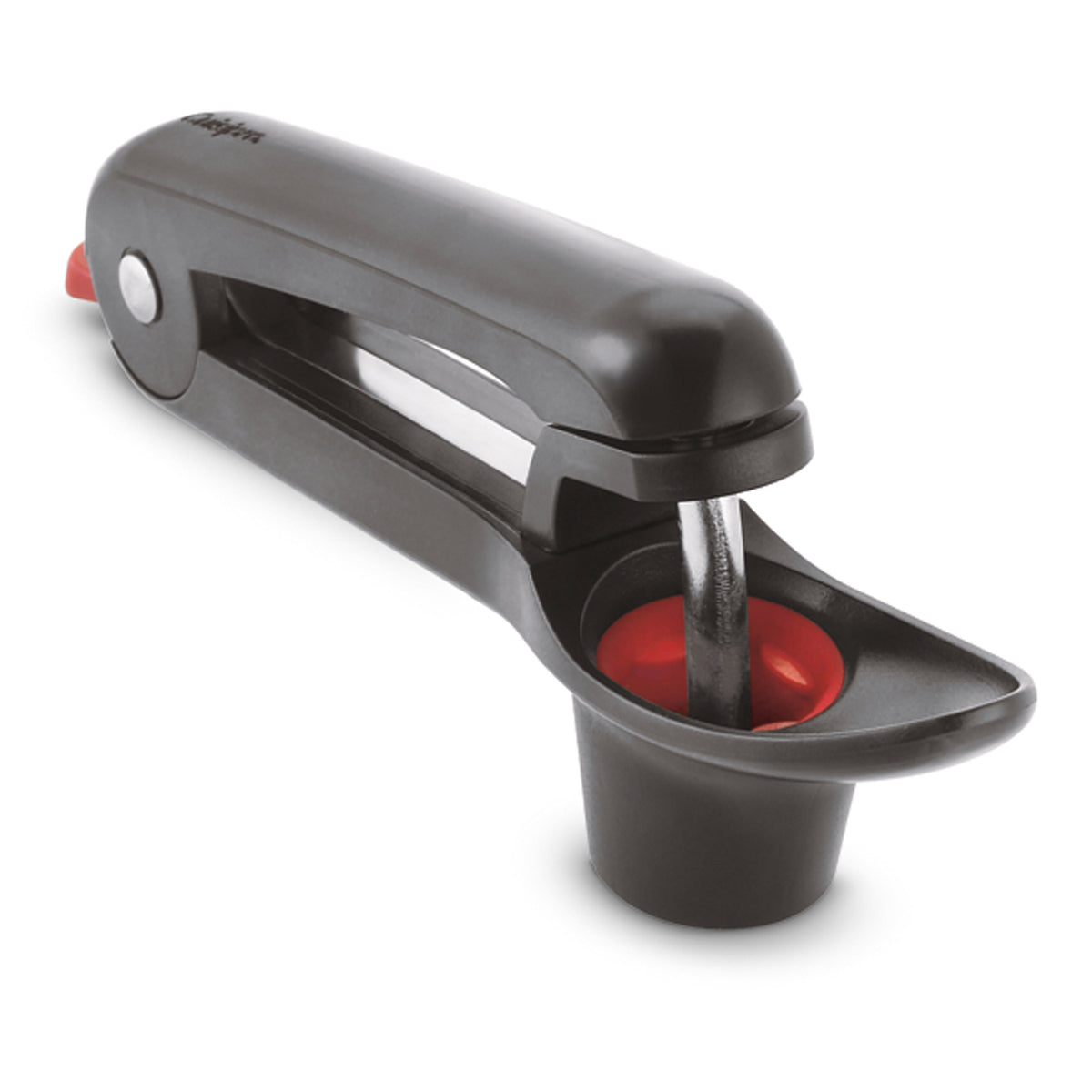 CUISIPRO cherry and olive pitter in black, with ergonomic handle and stainless steel parts for easy pitting of fruits and olives.