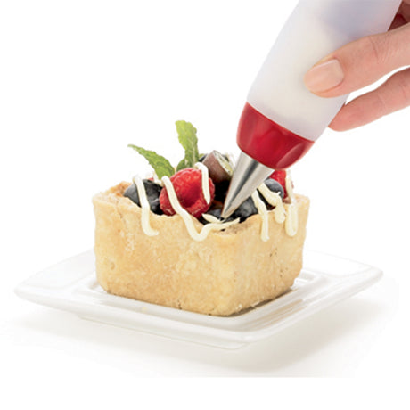 CUISIPRO decoristift in red and white with fine tip for decorating baked goods or desserts.