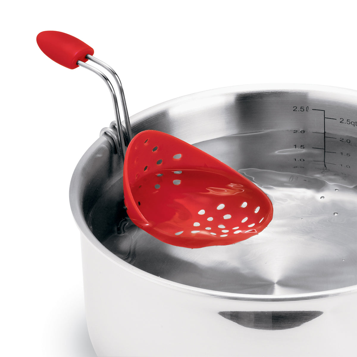 Red CUISIPRO egg poacher with non-stick surface and handle for easy poaching of eggs.