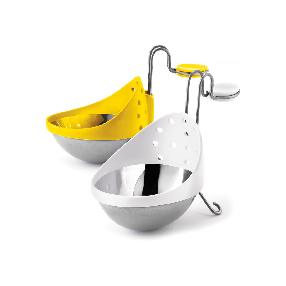 CUISIPRO Eier-Pochierer in Gelb, Weiß und Edelstahl for perfectly poached eggs, showing the colorful and stainless steel design.