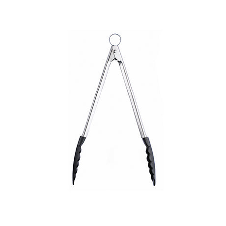 CUISIPRO black cooking tongs with stainless steel tips for grilling and kitchen use, ergonomic handle design.
