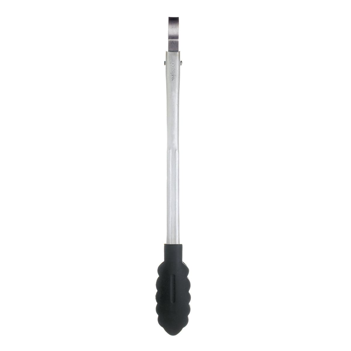 Black CUISIPRO cooking tongs with stainless steel handles, shown in a close-up view for grilling or kitchen use.
