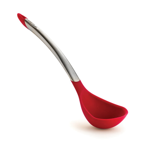 CUISIPRO ELEGANCE red 31 cm soup spoon showing a shiny stainless steel handle and deep bowl for serving soups and stews.