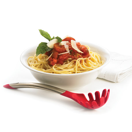 CUISIPRO Elegance red spaghetti spoon, 31 cm, stainless steel handle with a slotted design for serving pasta.