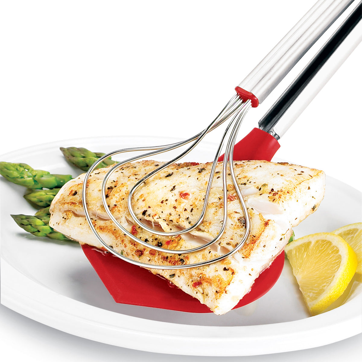 CUISIPRO fish and serving tongs in red, 33 cm long, stainless steel with ergonomic handle for grilling and serving seafood.