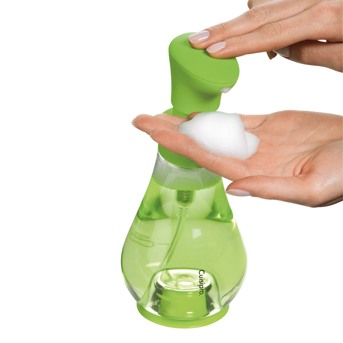 CUISIPRO soap foam dispenser in chrome, 39 cm tall, showcasing sleek design and pump mechanism for hand soap dispensing.