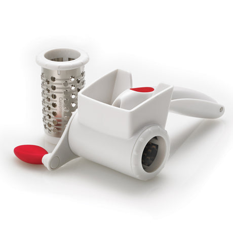 CUISIPRO Trommelreibe with two white drums, 29.2 cm wide, featuring ergonomic handles and stainless steel blades for efficient grating.