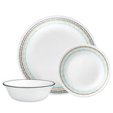 Corelle Paloma white dinnerware set with colorful graphic pattern, includes plates and bowls, durable ceramic dishware.