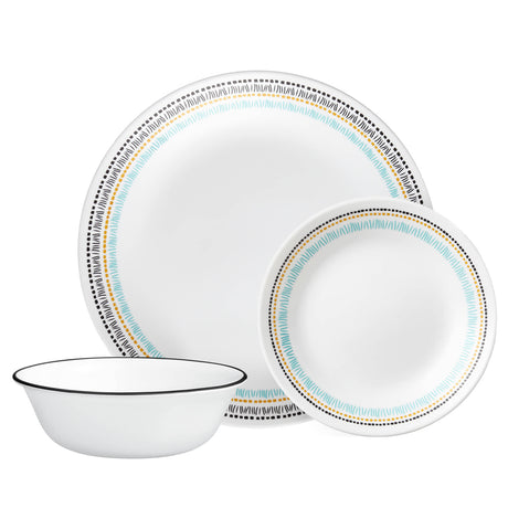 Corelle Paloma white dinnerware set with colorful graphic pattern, includes plates and bowls, durable ceramic dishware.
