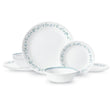 Corelle Country Cottage white dinnerware set with floral graphic pattern, includes plates and bowls, durable ceramic dishware.