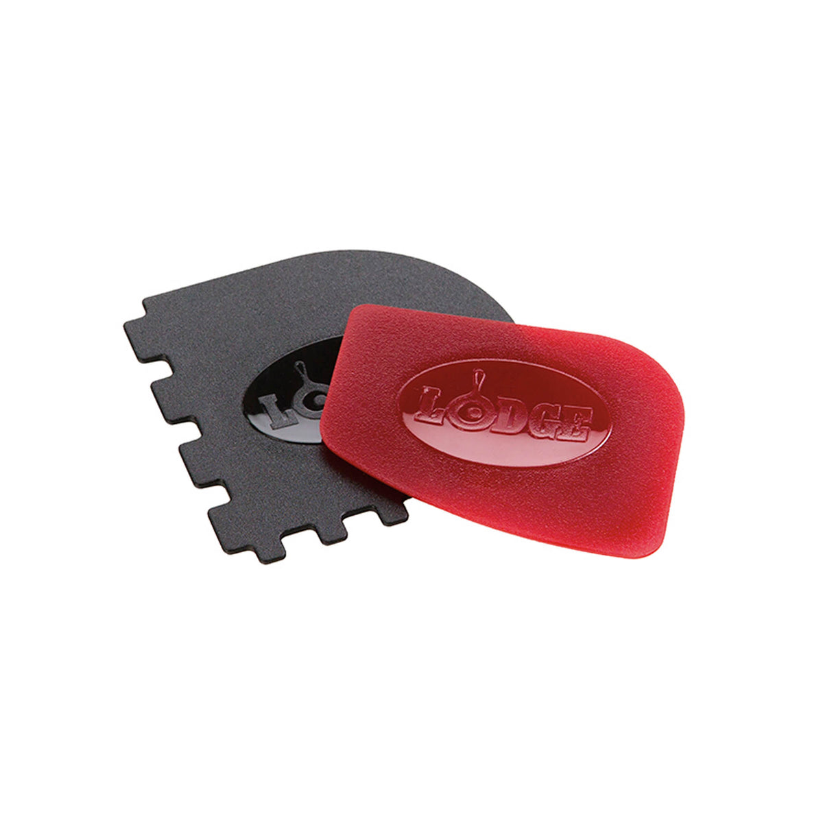 Lodge black and red grill scraper, sturdy handle with scraping blade, ideal for cleaning barbecue grills.
