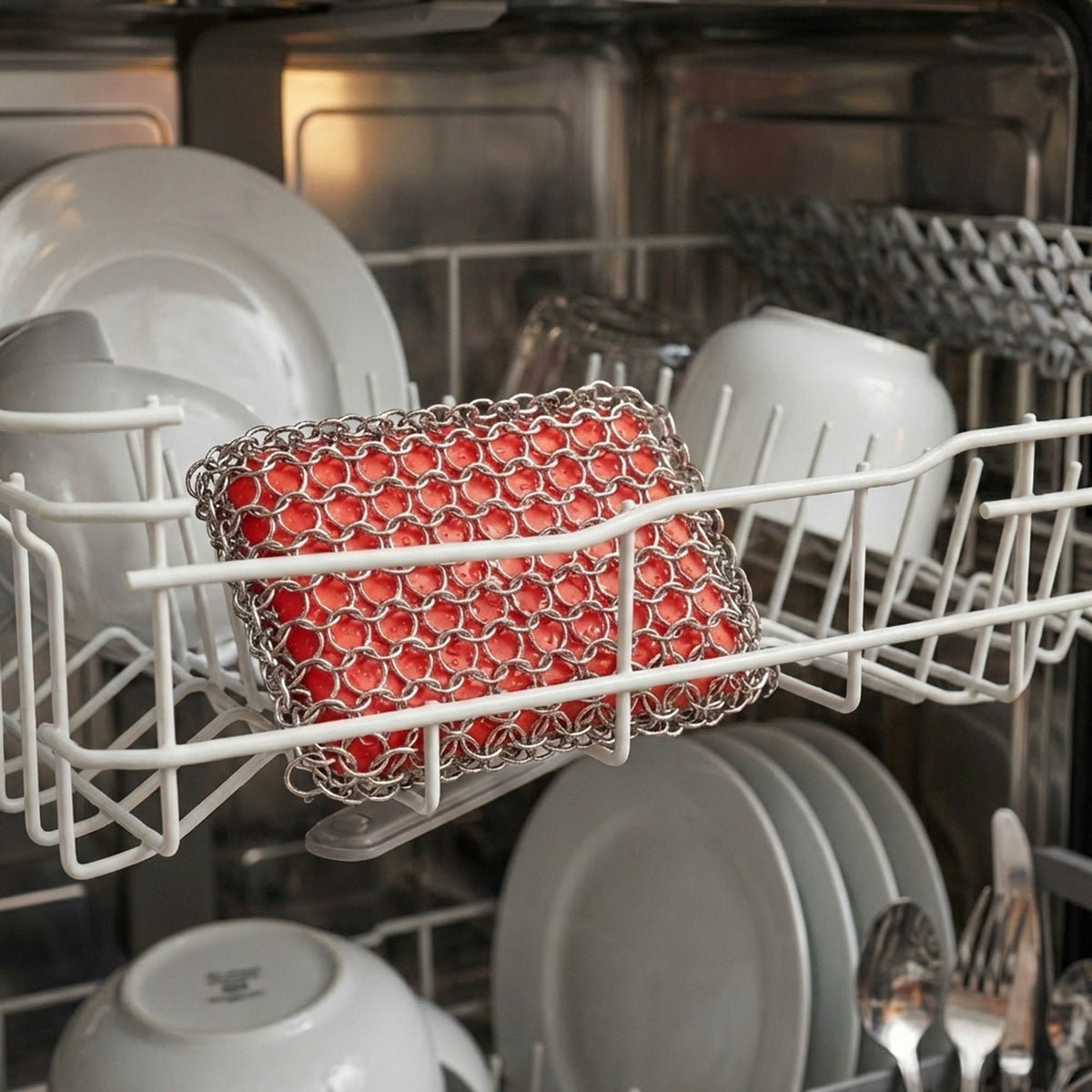Red silicone and steel scrub pad by LODGE for cleaning cookware, shown in a close-up image.