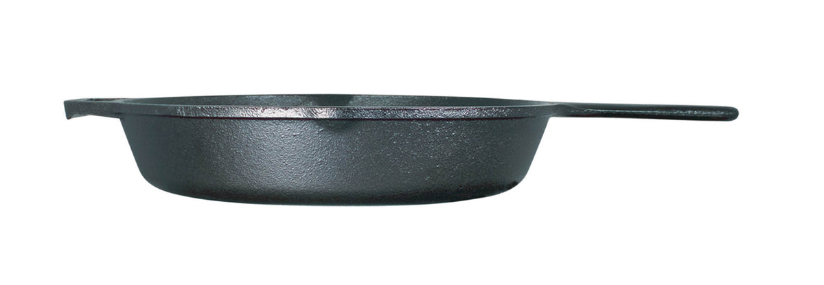 Lodge classic black cast iron skillet with handle, suitable for stovetop and oven cooking, durable and seasoned.