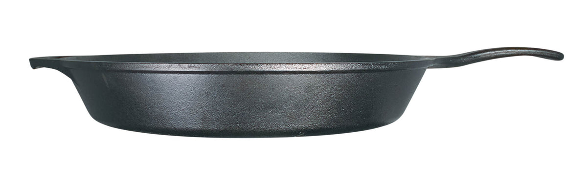 Black LODGE cast iron skillet, classic style, with a smooth surface and sturdy handle, suitable for versatile cooking.