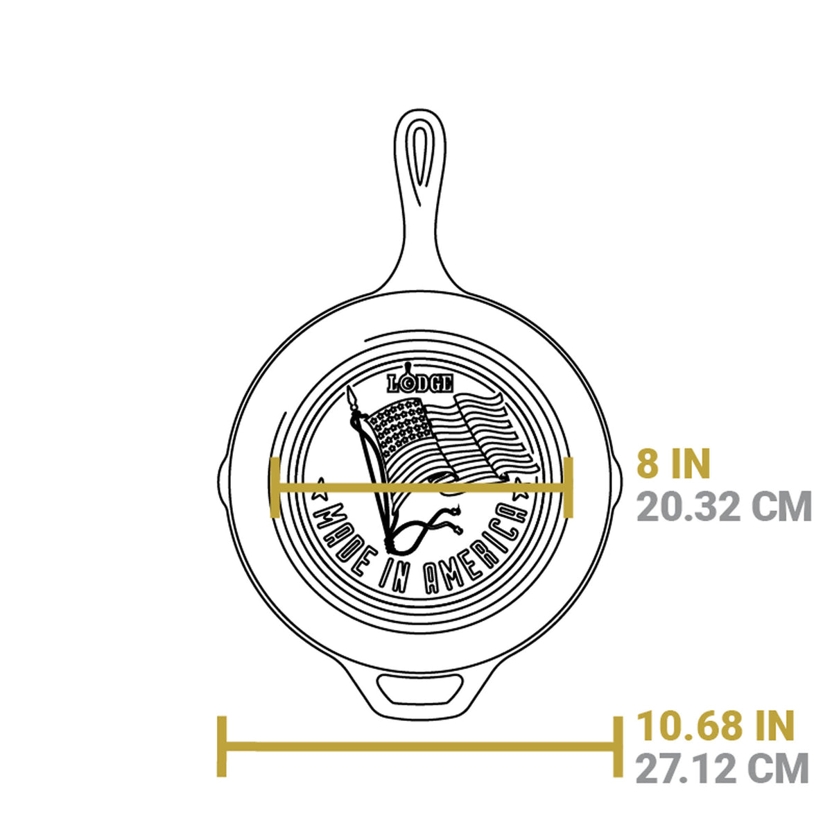 Lodge classic cast iron skillet with US flag design, 25.4 cm diameter, showing the textured cooking surface and handle.